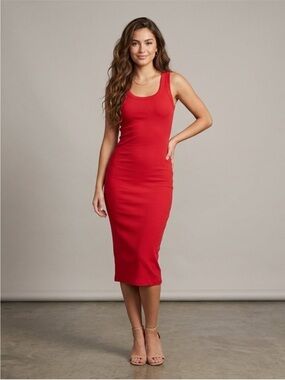 Everlane The '90s Rib Dress Red Organic Cotton Tank Midi Dress XXS Quiet Luxury